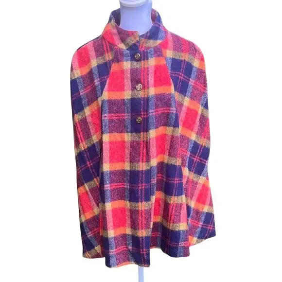 Vintage Red Blue Plaid Wool Blend Cape with Button Closure - Picture 1 of 10